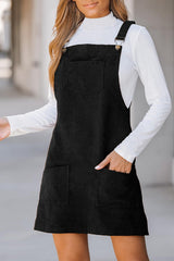 Black Solid Front Pockets Sleeveless Corduroy Overall Dress Mini Dresses JT's Designer Fashion