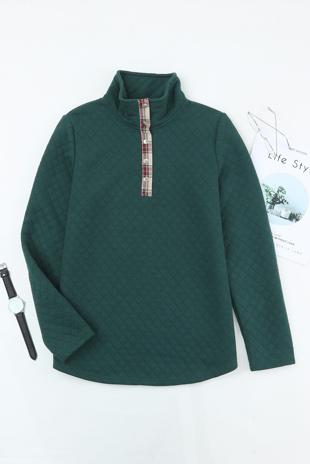 Green Geometric Texture Plaid Trim Sweatshirt Sweatshirts & Hoodies JT's Designer Fashion