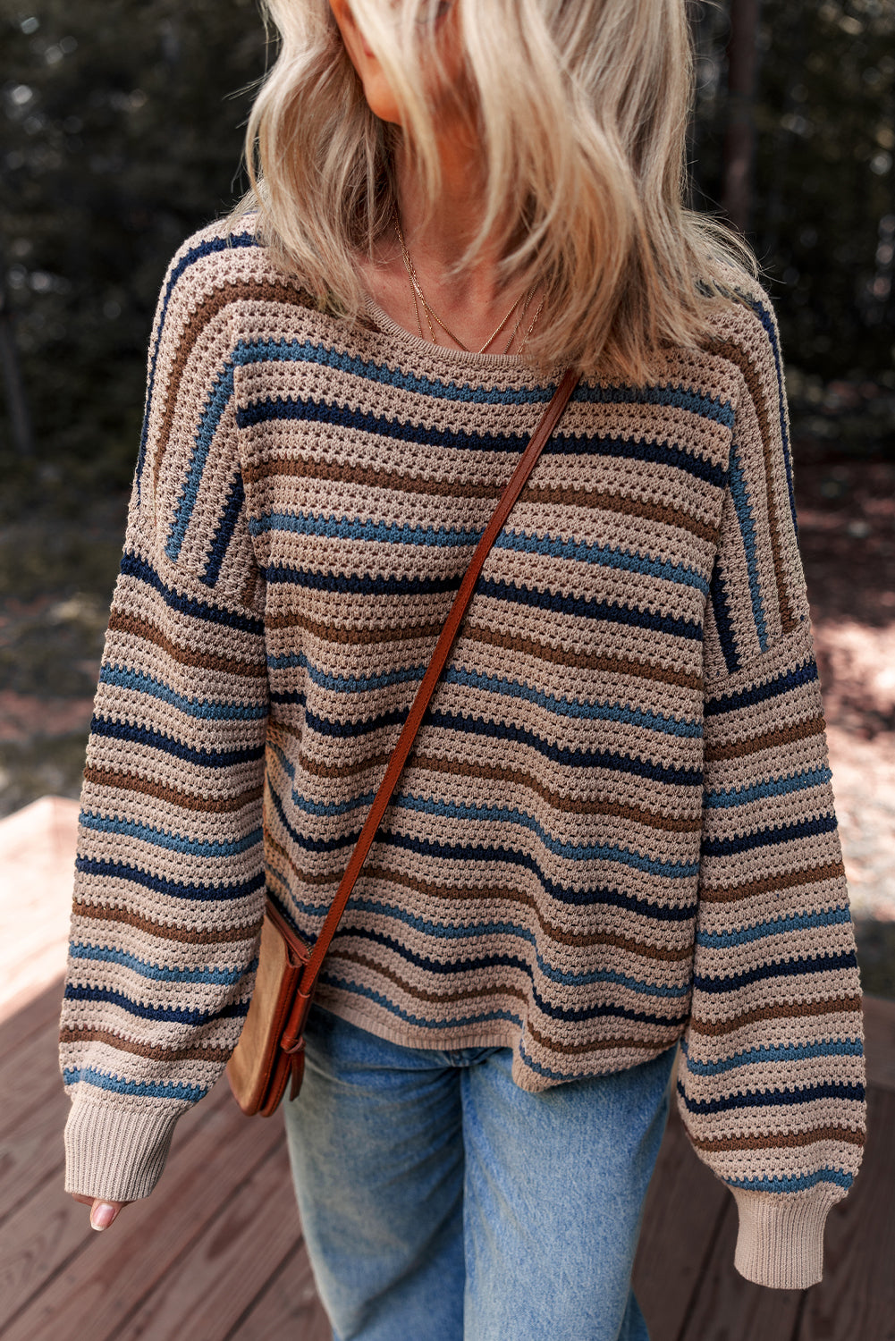 Multicolour Striped Knitted Drop Shoulder Round Neck Sweater Sweaters JT's Designer Fashion