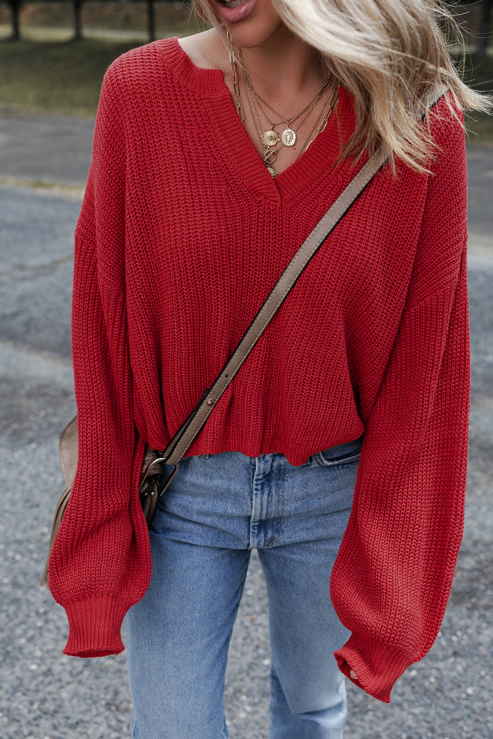 Racing Red Solid Textured Knit V Neck Drop Shoulder Sweater Sweaters JT's Designer Fashion