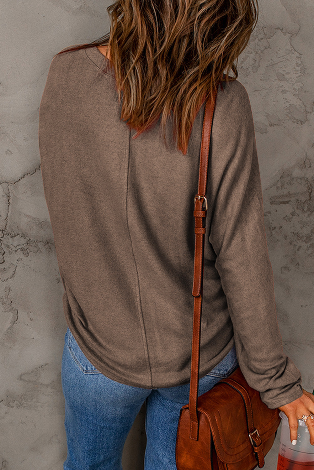Brown Fiery Solid Color Patchwork Long Sleeve Top Long Sleeve Tops JT's Designer Fashion