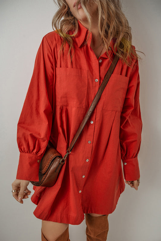 Tomato Red Bishop Sleeve Button Up Pleated Mini Shirt Dress Mini Dresses JT's Designer Fashion