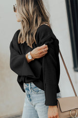 Black Solid Textured Knit Split Cuff Drop Shoulder Loose Sweater Sweaters JT's Designer Fashion