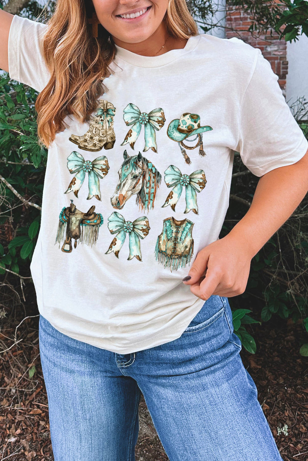 White Horse Bowknot Cowgirl Fashion Print Crewneck Tee Graphic Tees JT's Designer Fashion
