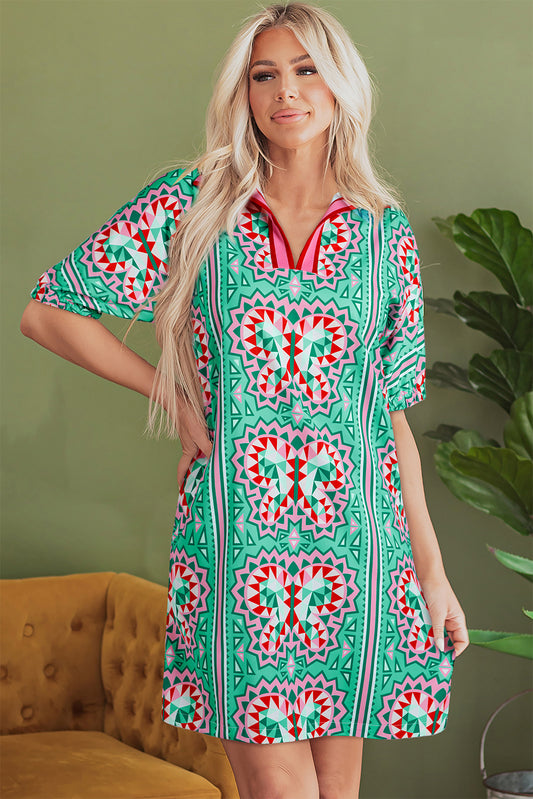 Mint Green Geometric Butterfly Print Split Neck Short Sleeve Dress Mini Dresses JT's Designer Fashion