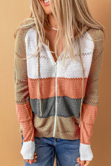 Multicolor Zipped Front Colorblock Hollow-out Knit Hoodie Sweatshirts & Hoodies JT's Designer Fashion