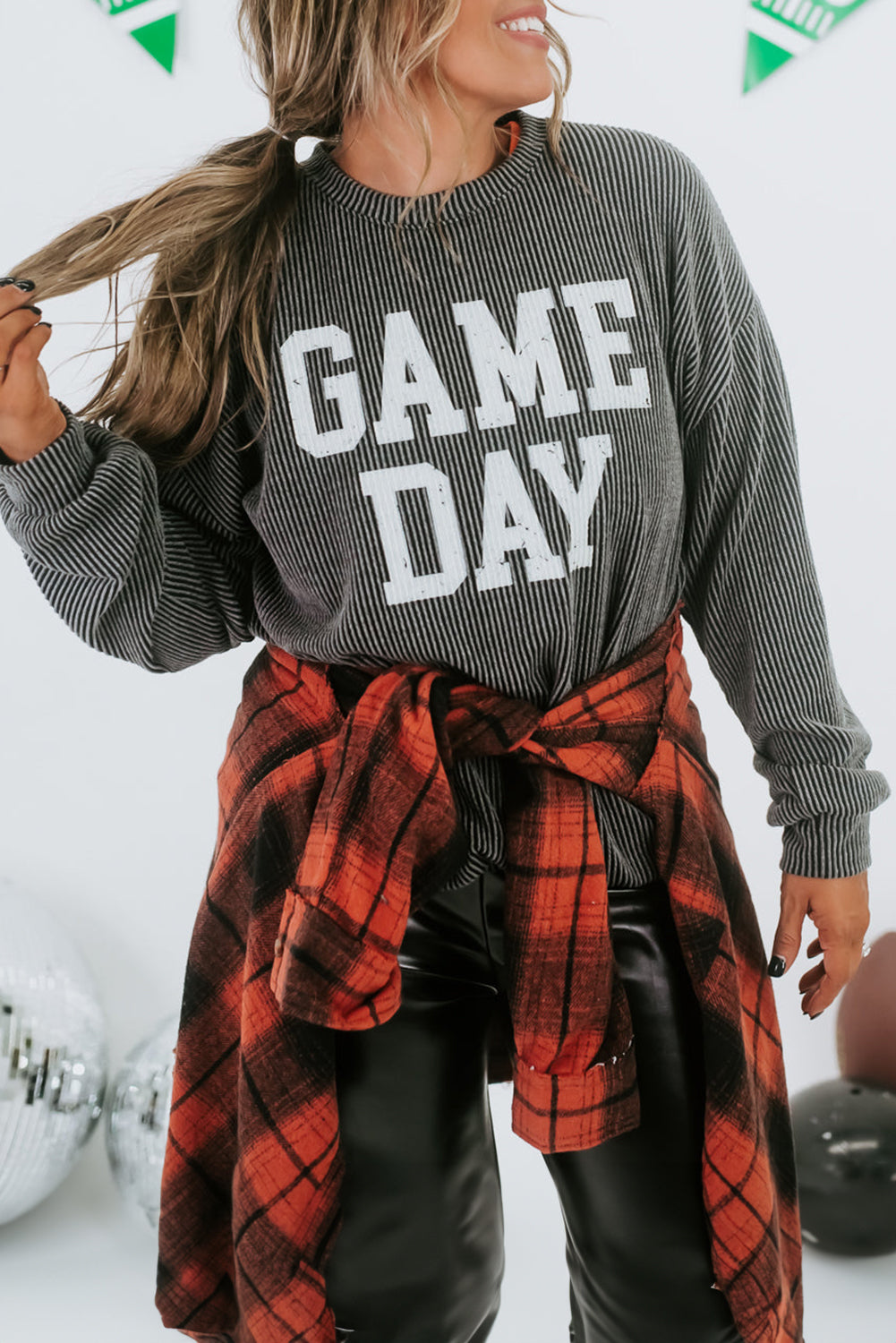 Dark Grey Corded GAME DAY Graphic Long Sleeve Crewneck Top Long Sleeve Tops JT's Designer Fashion