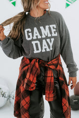 Dark Grey Corded GAME DAY Graphic Long Sleeve Crewneck Top Long Sleeve Tops JT's Designer Fashion