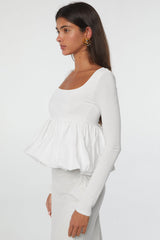 White U Neck Long Sleeve Bubble Hem Top Blouses & Shirts JT's Designer Fashion