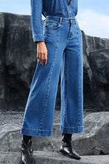 Dark Blue Plain Seam Detail Flared Bottom Ankle Length Jeans Jeans JT's Designer Fashion