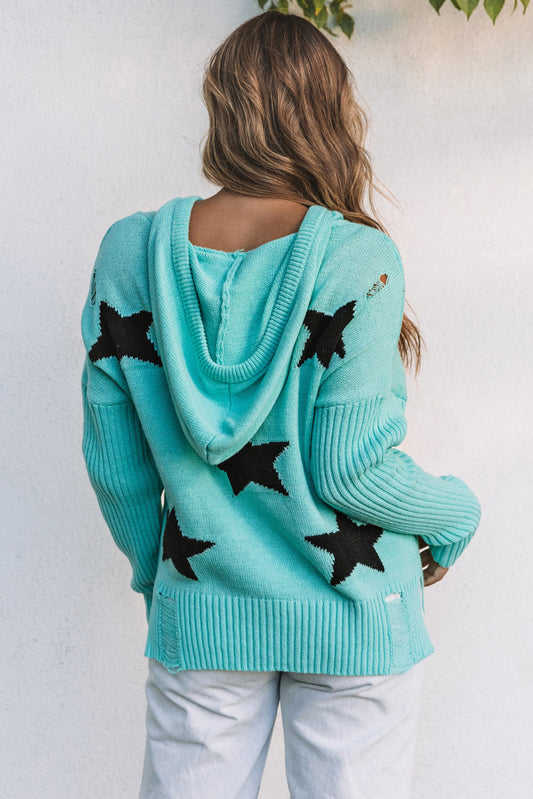 Green V Neck Star Pattern Hooded Sweater with Slits Sweaters & Cardigans JT's Designer Fashion