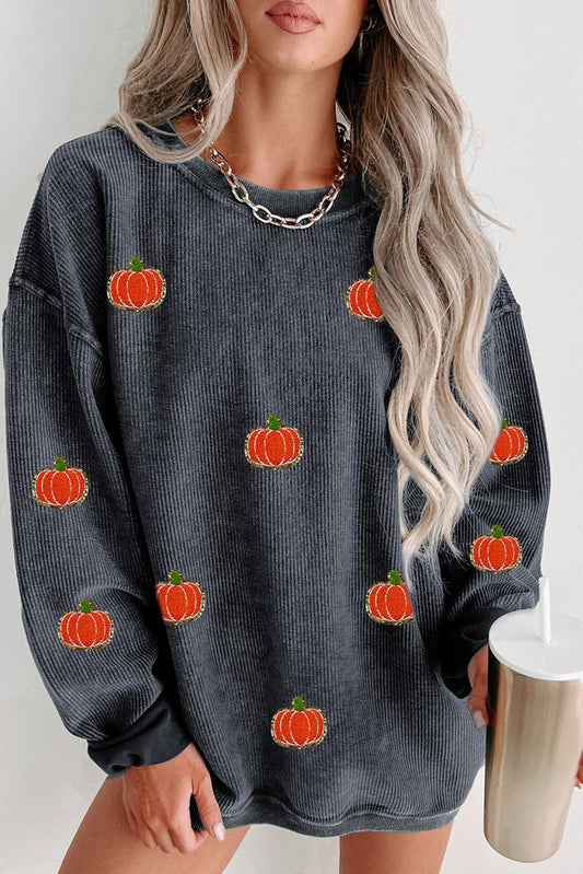 Gray Halloween Pumpkin Graphic Drop Shoulder Ribbed Sweatshirt Gray 100%Polyester Graphic Sweatshirts JT's Designer Fashion