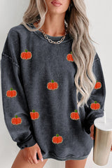 Gray Halloween Pumpkin Graphic Drop Shoulder Ribbed Sweatshirt Gray 100%Polyester Graphic Sweatshirts JT's Designer Fashion