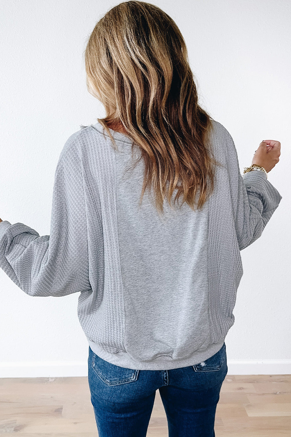 Light Grey Waffle Patchwork Long Sleeve Raw Hem Pullover Top Long Sleeve Tops JT's Designer Fashion