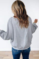 Light Grey Waffle Patchwork Long Sleeve Raw Hem Pullover Top Long Sleeve Tops JT's Designer Fashion