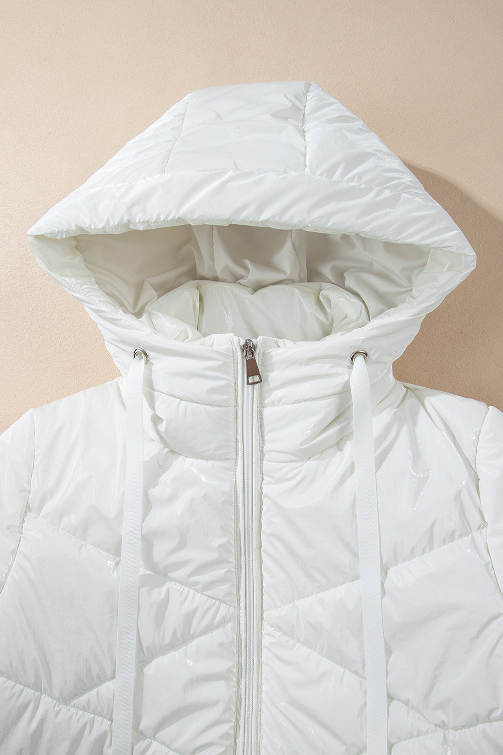 White Solid Quilted Hooded Zip Up Puffer Coat Jackets JT's Designer Fashion