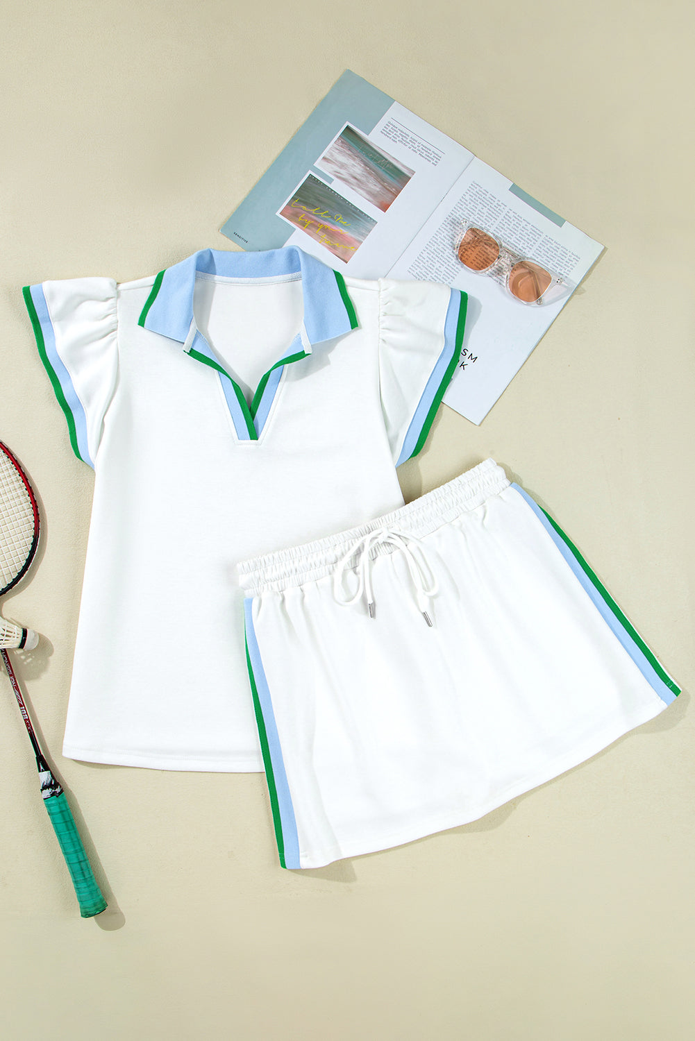 White Colorblock Edge Cap Sleeve Collared Top 2 Piece Skirt Set Two Piece Dresses JT's Designer Fashion