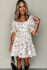 Beige Floral Print Square Neck Shirred Back Puff Sleeve Mini Dress Floral Dresses JT's Designer Fashion