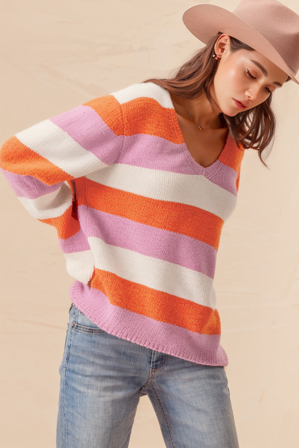 Orange Stripe Colorblock V Neck Casual Sweater Sweaters JT's Designer Fashion