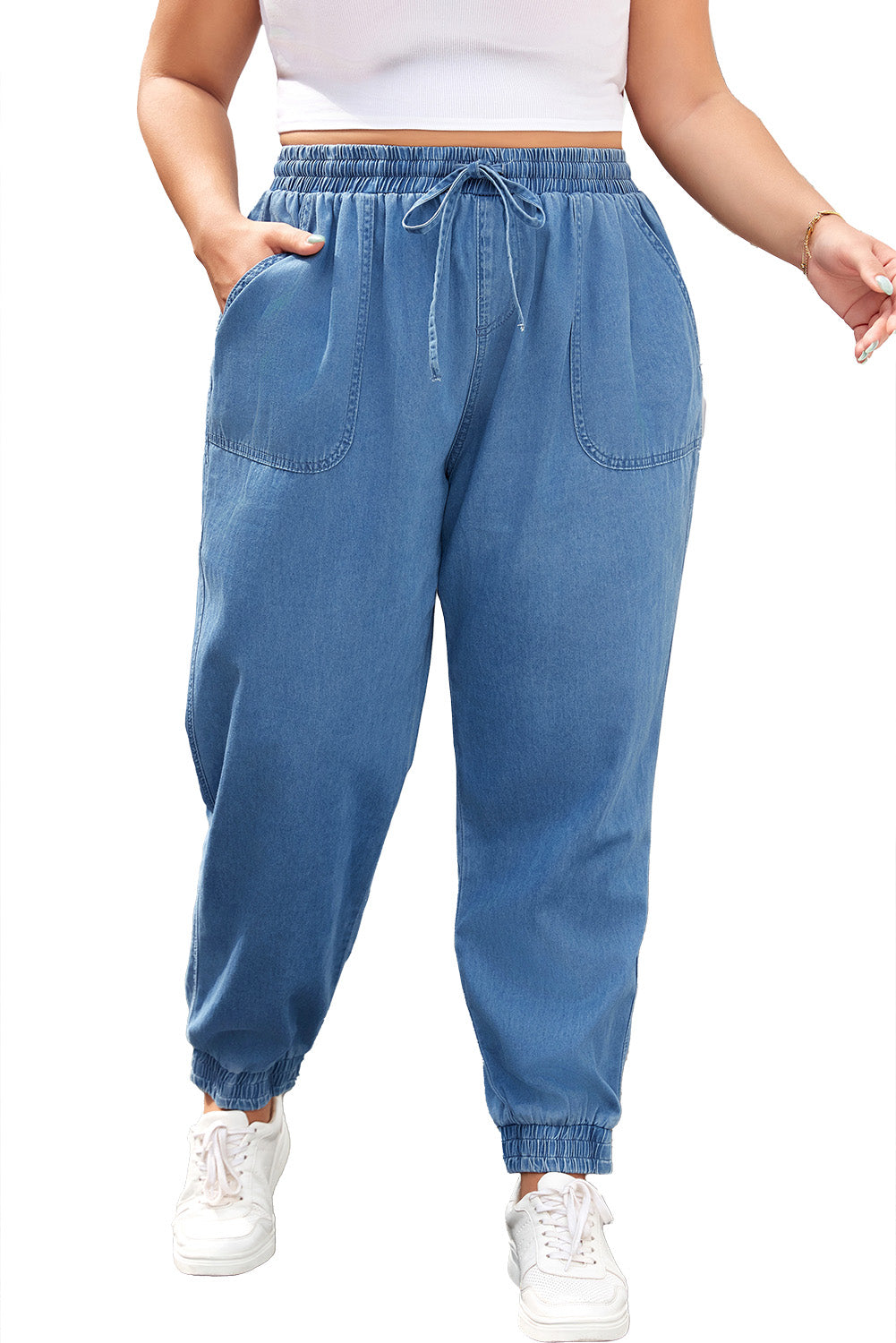 Dusk Blue Drawstring Waist Pocketed Plus Size Denim Joggers Plus Size Bottoms JT's Designer Fashion