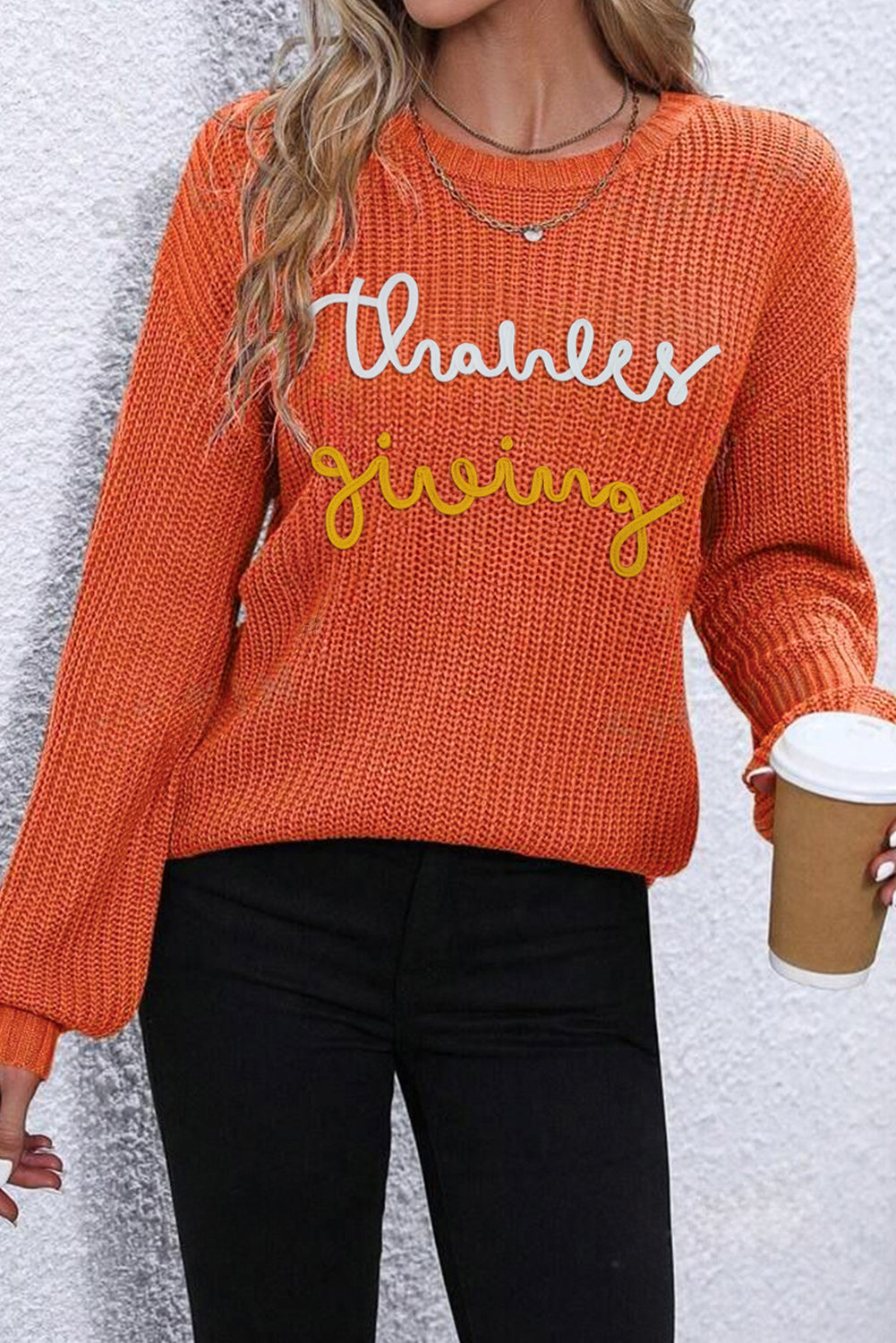 Gold Flame Thanks Giving Letter Graphic Crew Neck Sweater Sweaters JT's Designer Fashion