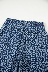 Blue Leopard Printed Drawstring Elastic Waistband Pocketed Wide Leg Jeans Jeans JT's Designer Fashion
