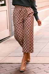 Khaki Checkered Elastic High Waist Loose Casual Pants Pants & Culotte JT's Designer Fashion