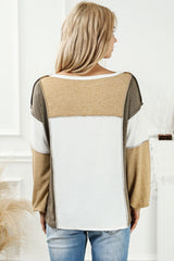 Khaki Exposed Seam Color Block Patchwork Top Long Sleeve Tops JT's Designer Fashion