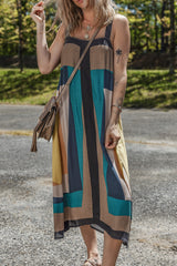 Brown Retro Geometric Printed Y Back Sleeveless Dress Brown 100%Polyester Maxi Dresses JT's Designer Fashion