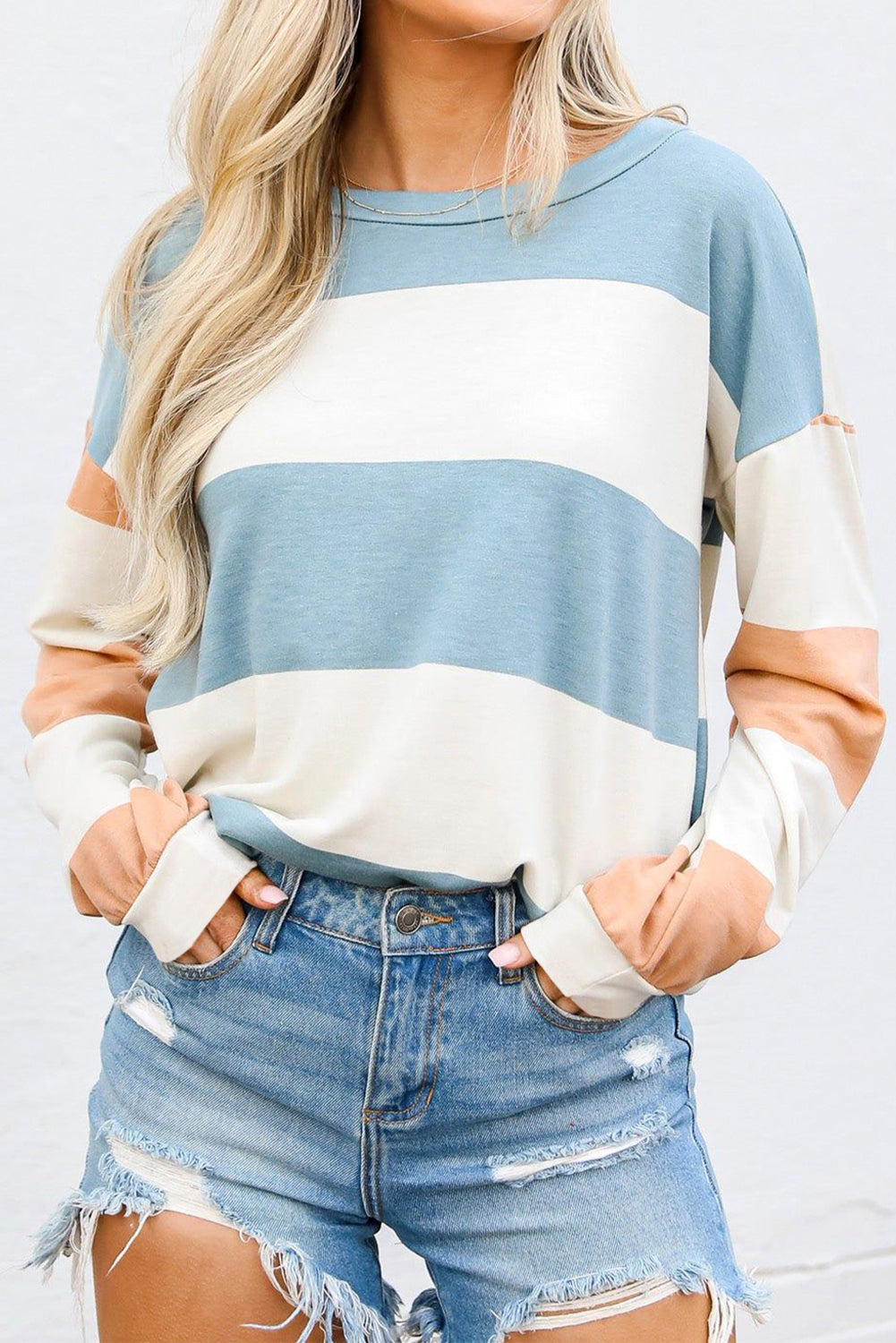 Light Blue Colorblock Striped Drop Shoulder Long Sleeve Top Long Sleeve Tops JT's Designer Fashion