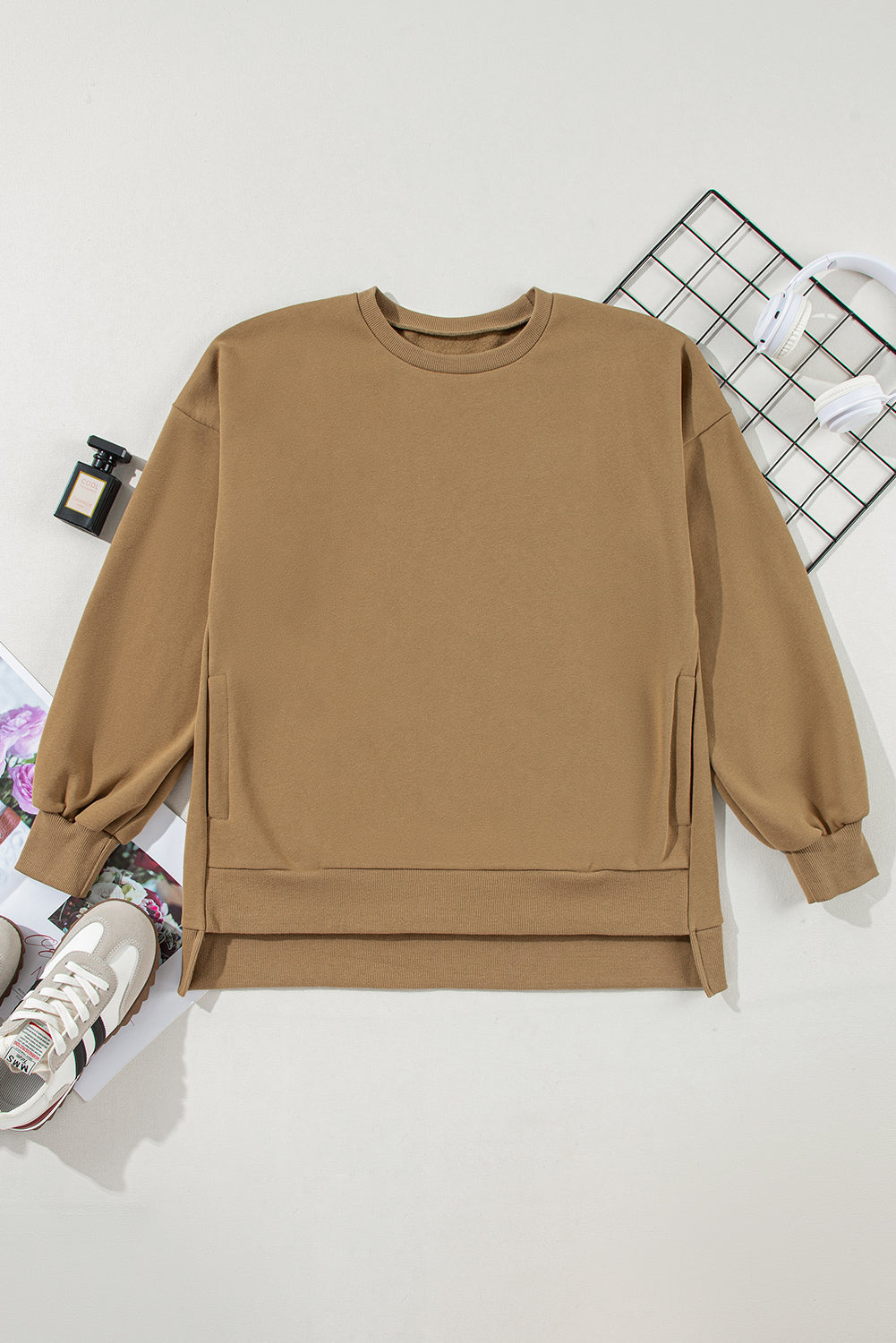 Camel Solid Fleece Lined Drop Shoulder High Low Sweatshirt Sweatshirts & Hoodies JT's Designer Fashion