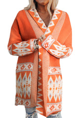 Orange Printed Aztec Print Open Front Knitted Cardigan Sweaters & Cardigans JT's Designer Fashion