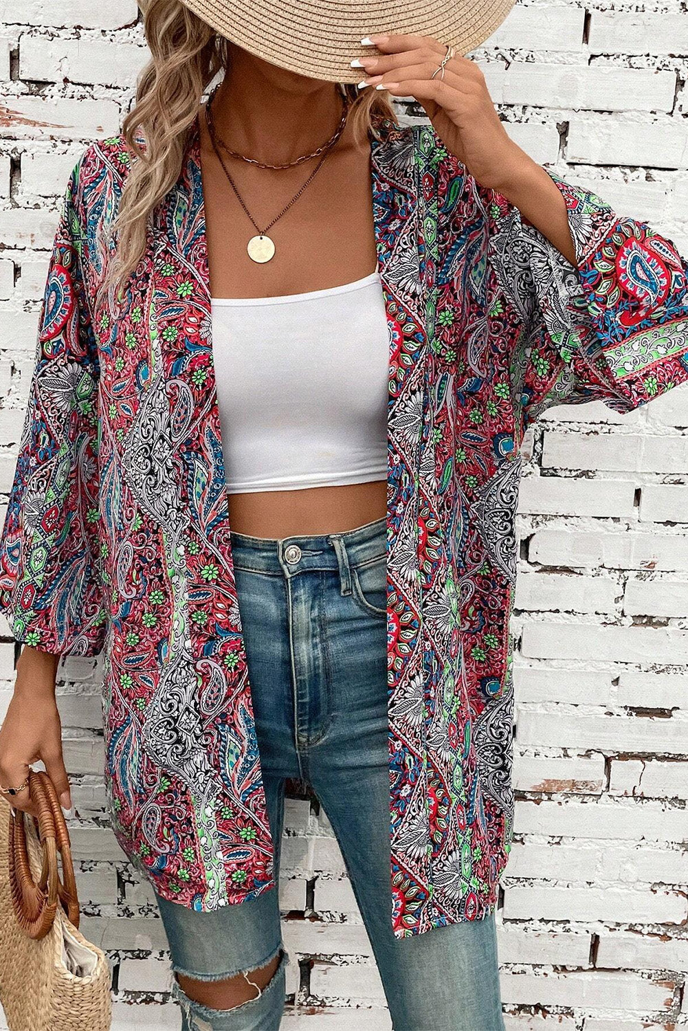 Red Paisley Print Open Front Kimono Kimonos JT's Designer Fashion