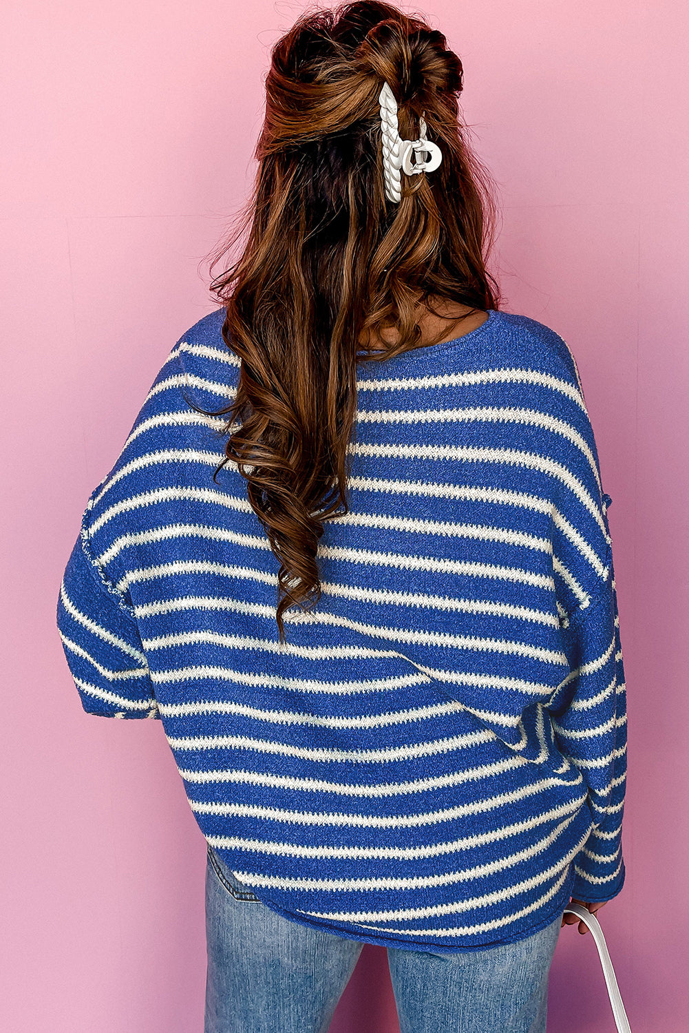 Sky Blue Stripe Drop Shoulder Casual Sweater Sweaters JT's Designer Fashion