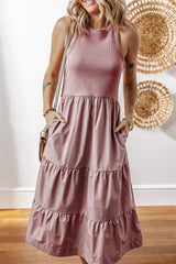 Sepia Rose Ribbed Vest Patchwork Tiered Midi Dress with Pockets Midi Dresses JT's Designer Fashion