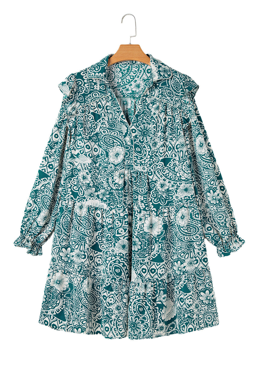 Green Floral Flounce Sleeve Split Neck Plus Size Dress Plus Size Mini Dresses JT's Designer Fashion