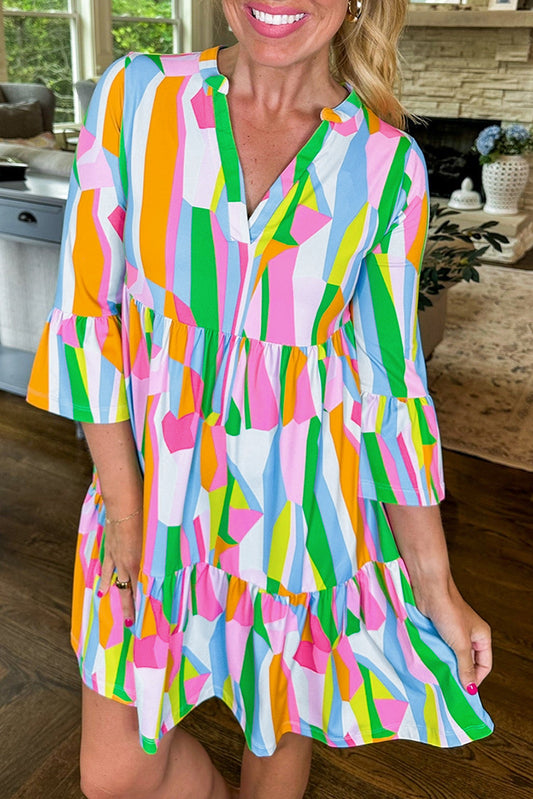Green Abstract Print Ruffled Sleeve V Neck Dress Mini Dresses JT's Designer Fashion