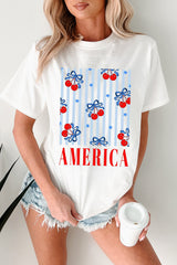 White Bow Cherry AMERICA Graphic Crewneck Patriotic T Shirt Graphic Tees JT's Designer Fashion