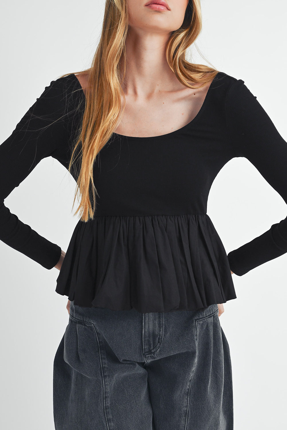 Black Ribbed Knit Long Sleeve Scoop Neck Peplum Patchwork Top Long Sleeve Tops JT's Designer Fashion