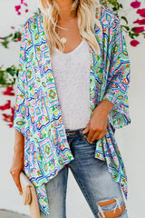 White Boho Floral Printed Rhinestone 3/4 Sleeve Open Front Kimono Kimonos JT's Designer Fashion
