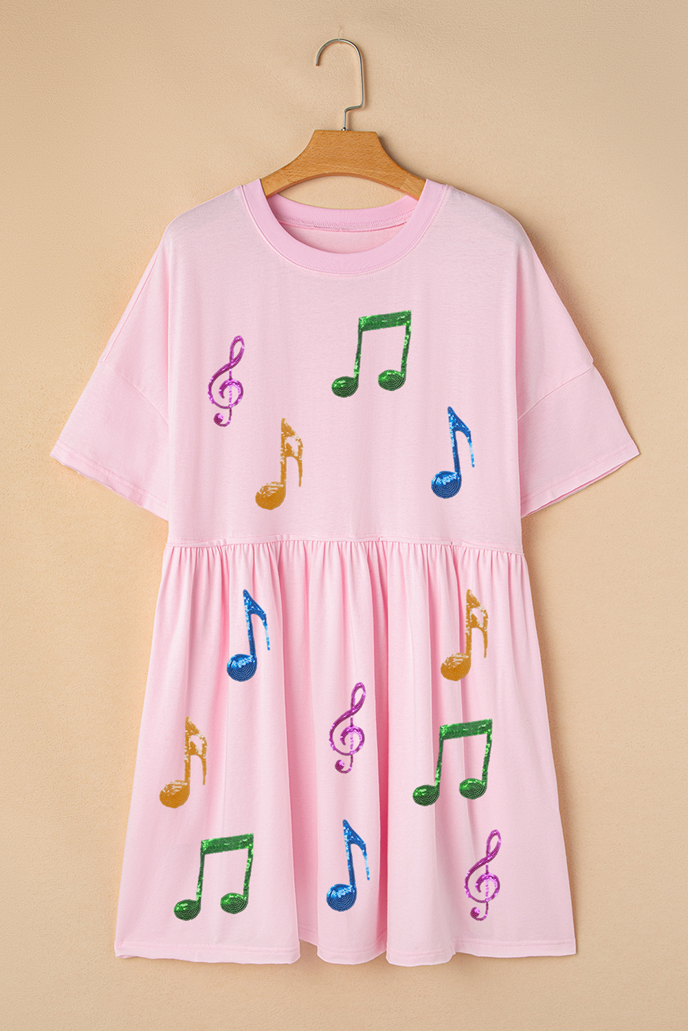 Light Pink Sequined Note Pattern Raw Edge Music Festival Babydoll T-shirt Dress Graphic Dresses JT's Designer Fashion