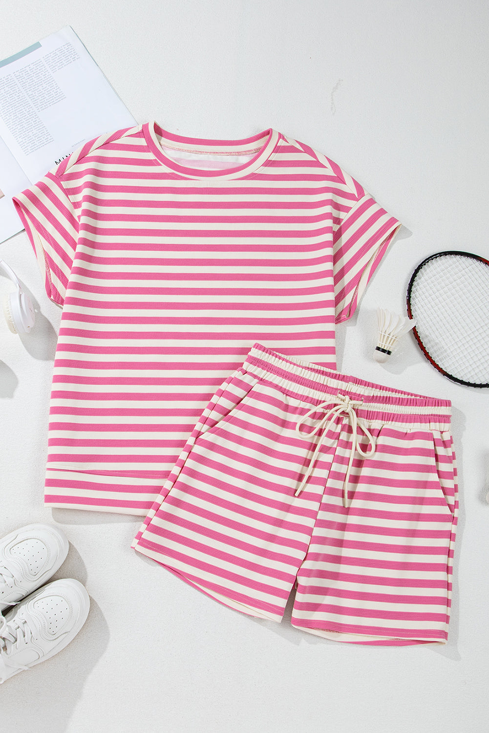 Rose Stripe Crew Neck T Shirt and Drawstring Shorts Set Short Sets JT's Designer Fashion