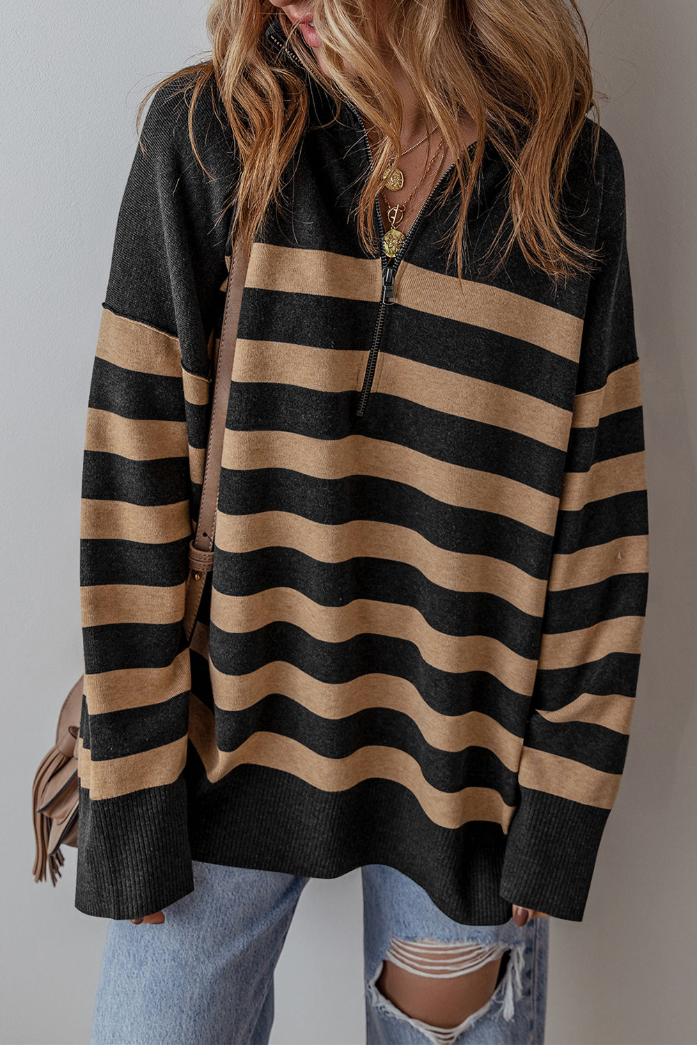 Black Stripe Collared Quarter Zipper Oversized Sweater Black Stripe 44%Polyester+30%Acrylic+20%Polyamide+6%Wool Sweaters JT's Designer Fashion