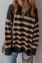 Black Stripe Collared Quarter Zipper Oversized Sweater Black Stripe 44%Polyester+30%Acrylic+20%Polyamide+6%Wool Sweaters JT's Designer Fashion