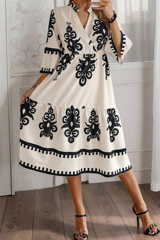 Beige Western Geometric Print 3/4 Sleeve Loose Midi Dress Midi Dresses JT's Designer Fashion