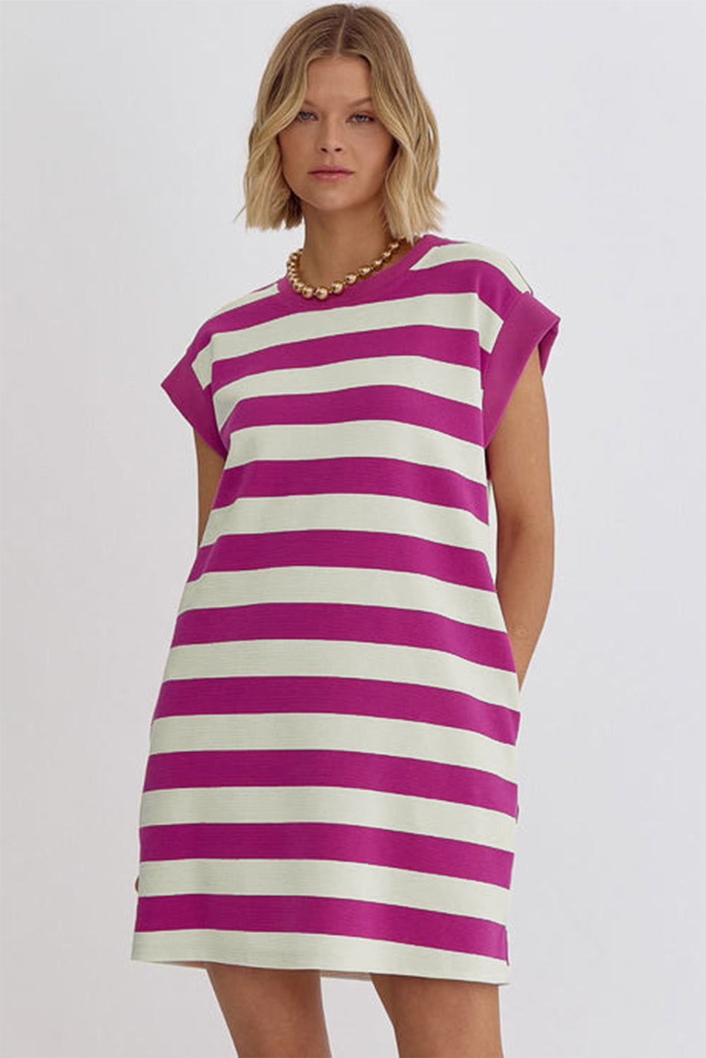 Rose Stripe Cap Sleeve Pocketed Shift T-shirt Dress T Shirt Dresses JT's Designer Fashion