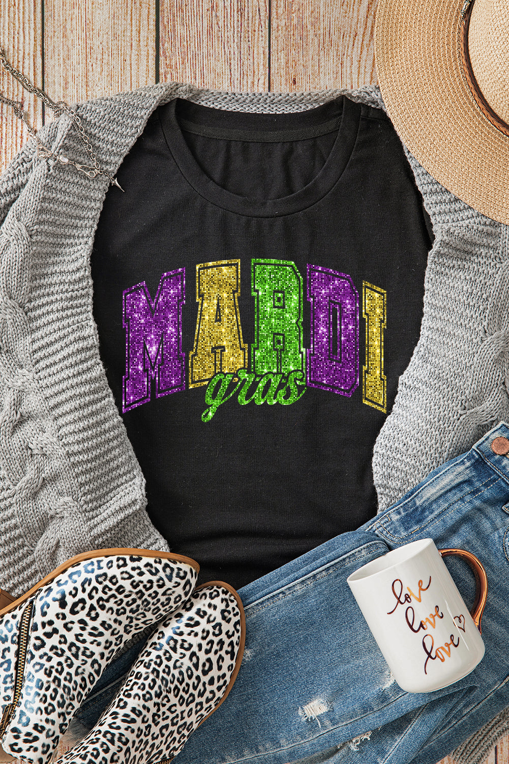 Black Mardi Gras Heat Transfer Graphic Holiday Tee Graphic Tees JT's Designer Fashion
