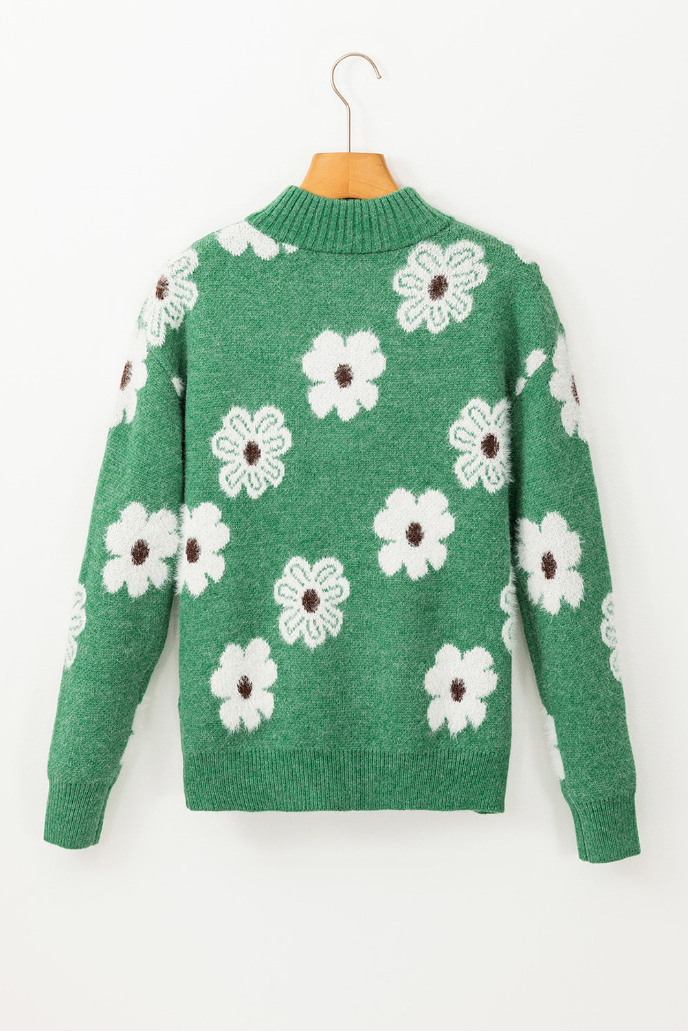 Green Floral Pattern Half Zip Drop Shoulder Sweater Sweaters JT's Designer Fashion