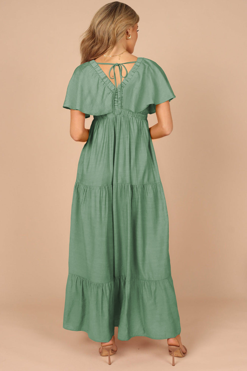 Grass Green Textured V Neck Flutter Sleeve Ruffled Long Dress Maxi Dresses JT's Designer Fashion