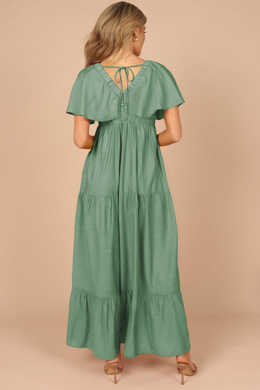 Grass Green Textured V Neck Flutter Sleeve Ruffled Long Dress Maxi Dresses JT's Designer Fashion